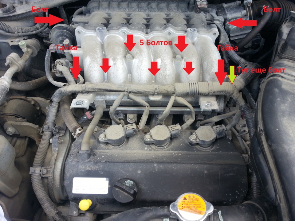 Размещение элементов крепления верхней части впускного коллектора двигателя 6B31 Mitsubishi Outlander XL