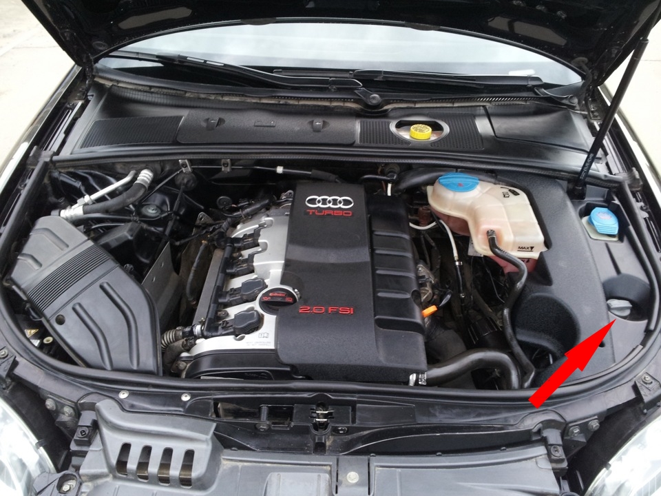 Расположение резервуара системы гидроусиления руля в двигательном отсеке Audi A4 2