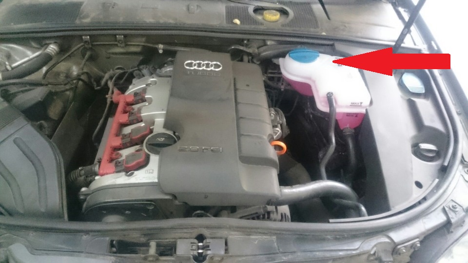 Заполнение системы охлаждающей жидкостью через расширительный бачок Audi A4 2