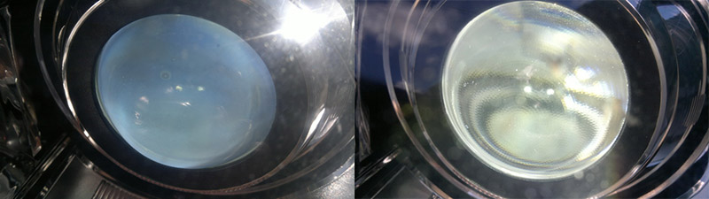 Результат до и после промывки линзы и плафона фары головного света Volkswagen Passat B6 2005-2010
