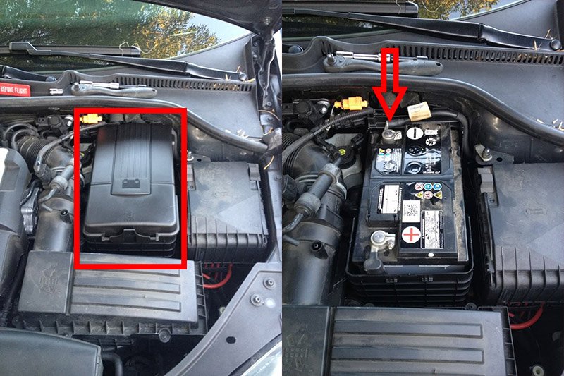 Расположение крышки и клеммы минус аккумулятора Volkswagen Passat B6 2005-2010