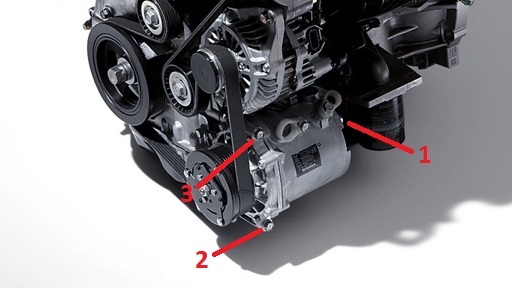 Последовательность отворачивания болтов крепления компрессора кондиционера к двигателю 4B12 Peugeot 4007