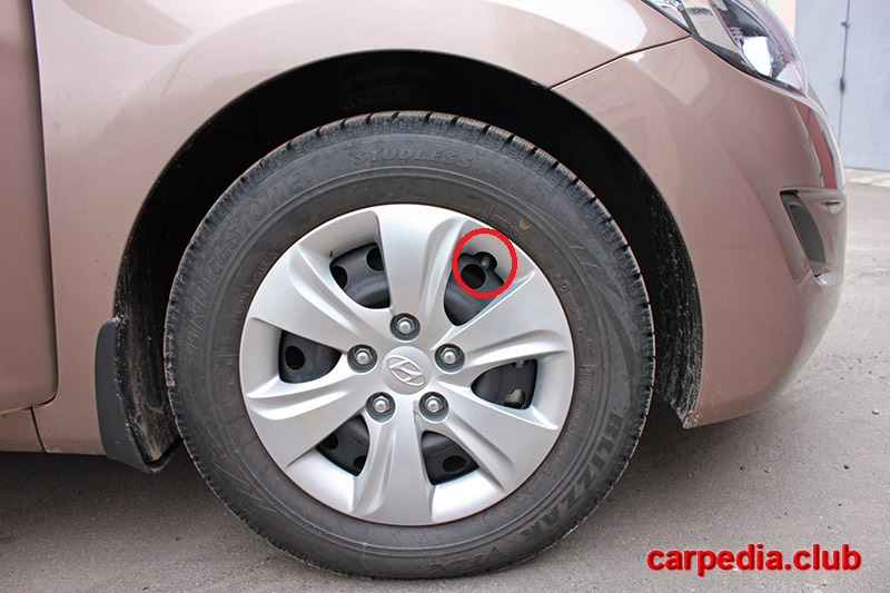 Расположение колпачка шины на автомобиле Hyundai Elantra MD