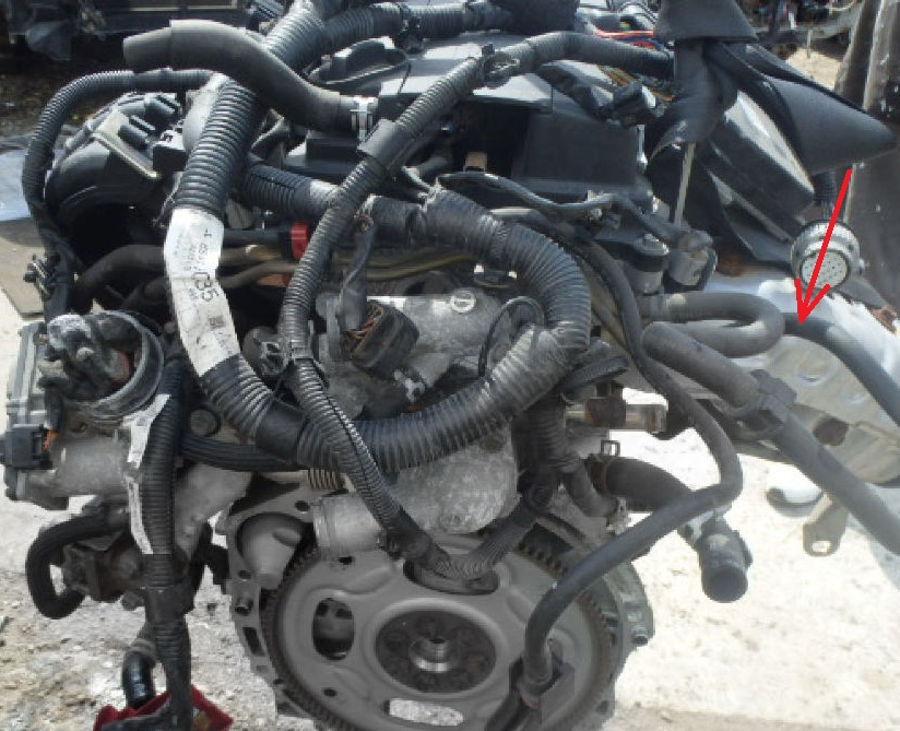 Размещение соединения вакуумного шланга системы улавливания паров топлива двигателя 4B12 Peugeot 4007
