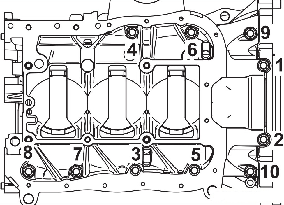 Последовательность затяжки болтов крепления картера к блоку цилиндров двигателя 4B12 Peugeot 4007