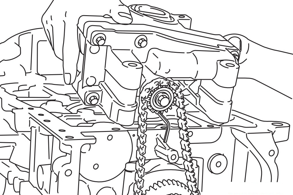 Установка балансирного механизма в сборе с масляным насосом на картер двигателя 4B12 Peugeot 4007