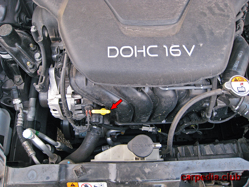 Расположение измерительного щупа двигателя на автомобиле Hyundai Elantra J5 MD