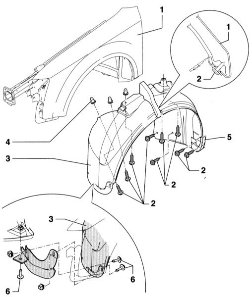Схема деталей локера (подкрылка) переднего крыла Audi A4 2