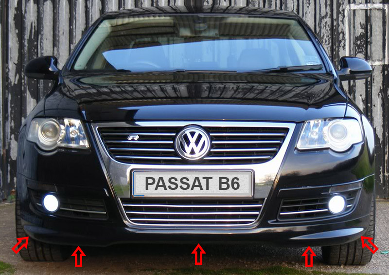 Расположение винтов крепления нижней части облицовки переднего бампера Volkswagen Passat B6 2005-2010