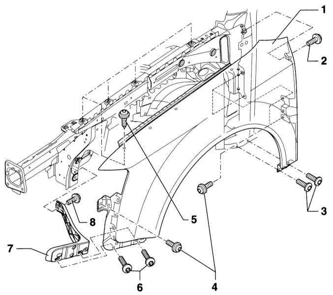 Схема креплений переднего крыла Audi A4 2 (B6)