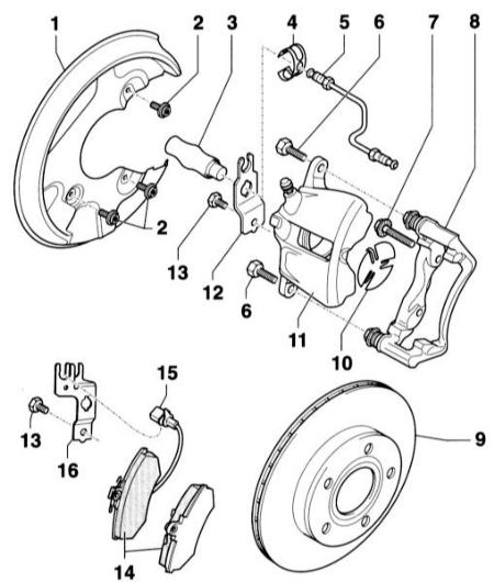 Схема деталей переднего тормозного механизма С54 Audi A4 2 (B6)