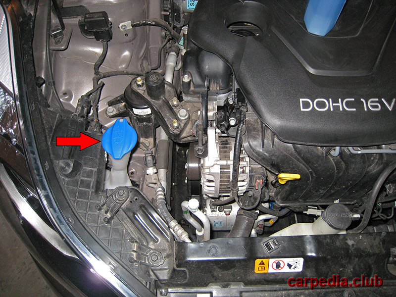 Расположение крышки бачка омывателя на автомобиле Hyundai Elantra J5 MD