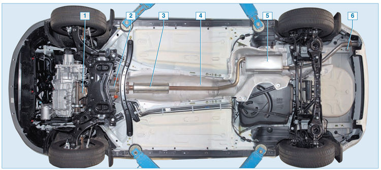 Расположение системы выпуска отработавших газов в автомобиле Ford Focus 2