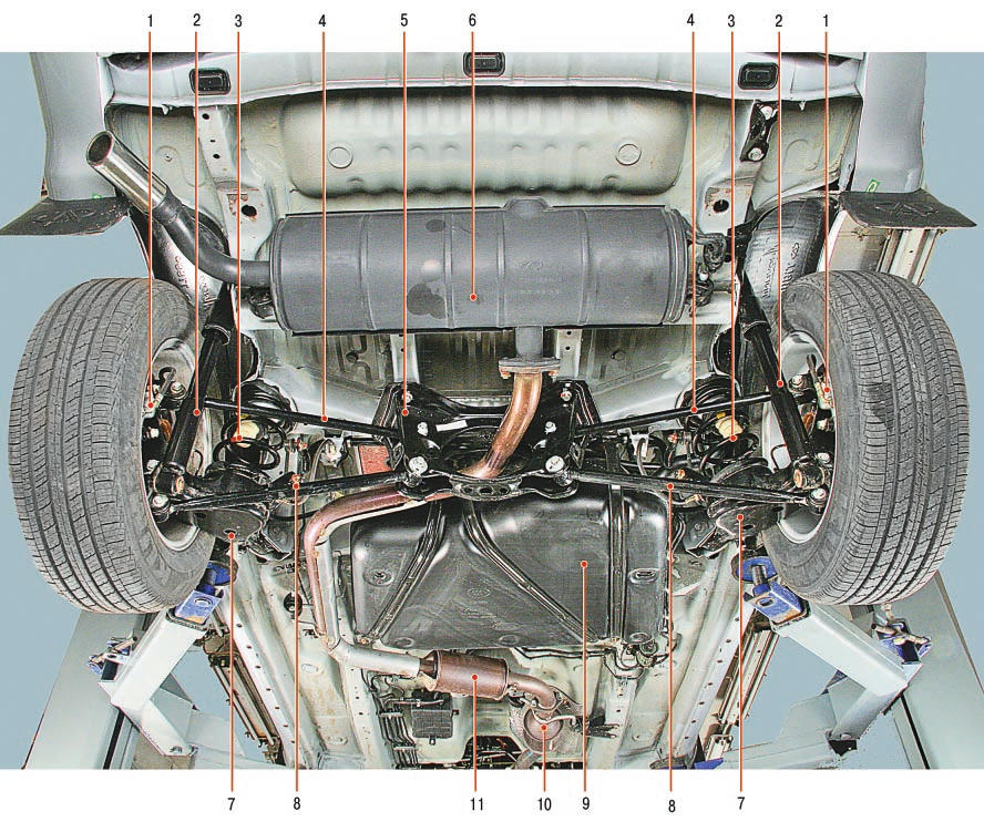 Основные агрегаты автомобиля (вид снизу сзади) Chery Tiggo