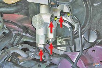 Соединения трубопроводов с главным тормозным цилиндром и с гидроэлектронным модулем антиблокировочной системы тормозов (ABS) на автомобиле Hyundai Solaris