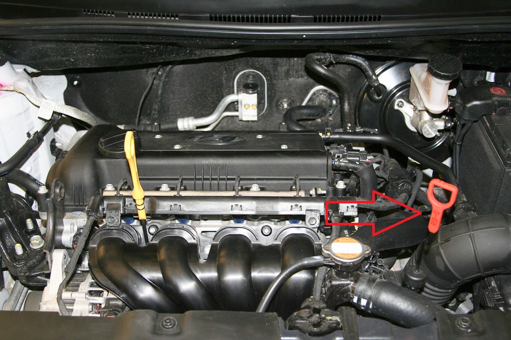 Вынимаем указатель уровня жидкости из направляющей трубки коробки передач на автомобиле Hyundai Solaris