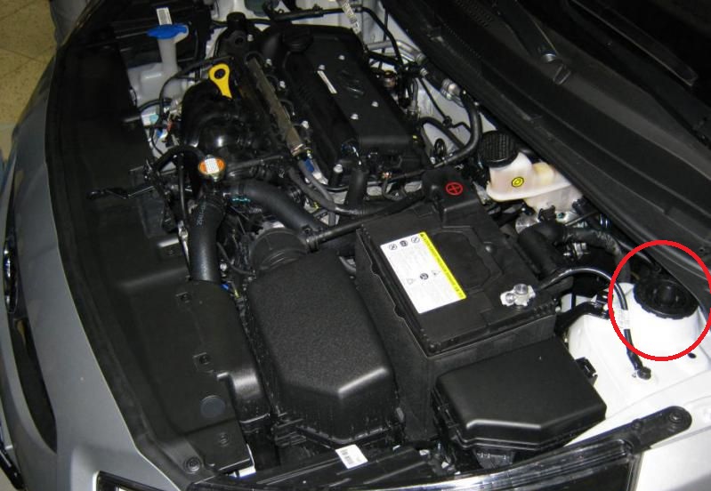 В моторном отсеке снимите заглушку гайки верхнего крепления амортизаторной стойки на автомобиле Hyundai Solaris