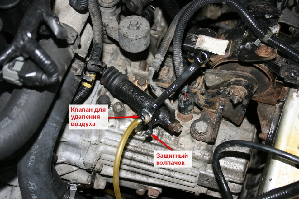 Снятие защитного колпачка с клапана рабочего цилиндра сцепления для удаления воздуха на автомобиле Hyundai Solaris