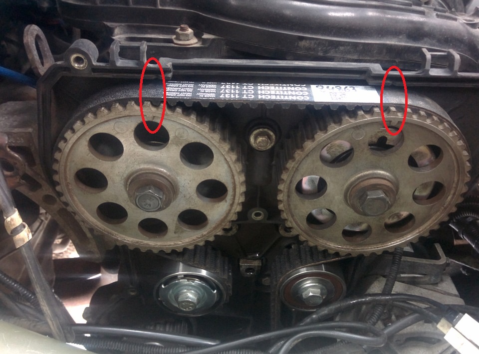 Совпадение меток ВМТ на шкивах распредвалов и задней крышке ремня ГРМ двигателя ВАЗ-21126 Лада Гранта (ВАЗ 2190)