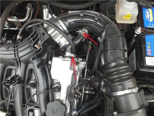 Размещение хомутов крепления шланга большой ветви системы вентиляции катера двигателя ВАЗ-21126 Лада Гранта (ВАЗ 2190)