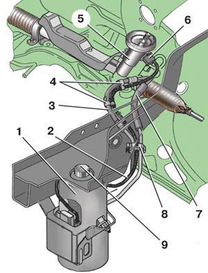 Схема элементов гидравлического усилителя рулевого управления автомобиля Skoda Fabia I