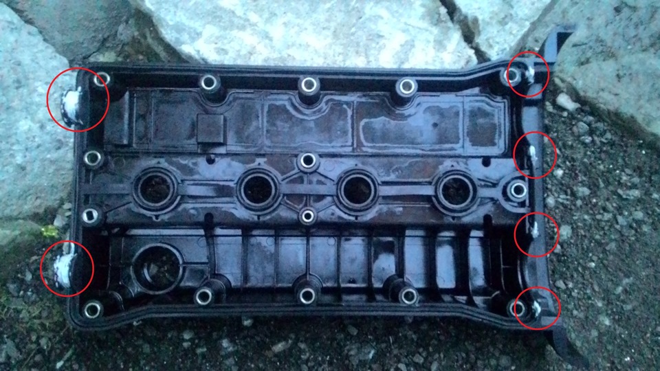 Зоны нанесения герметика на прокладку крышки головки блока цилиндров двигателя F16D3 Daewoo Nexia N150