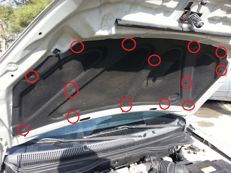 Расположение крепления шумки капота на автомобиле Hyundai Accent MC