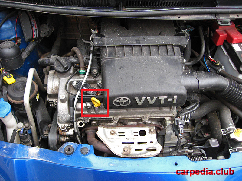 Расположение указателя (щупа) уровня масла в подкапотном пространстве Toyota Yaris II