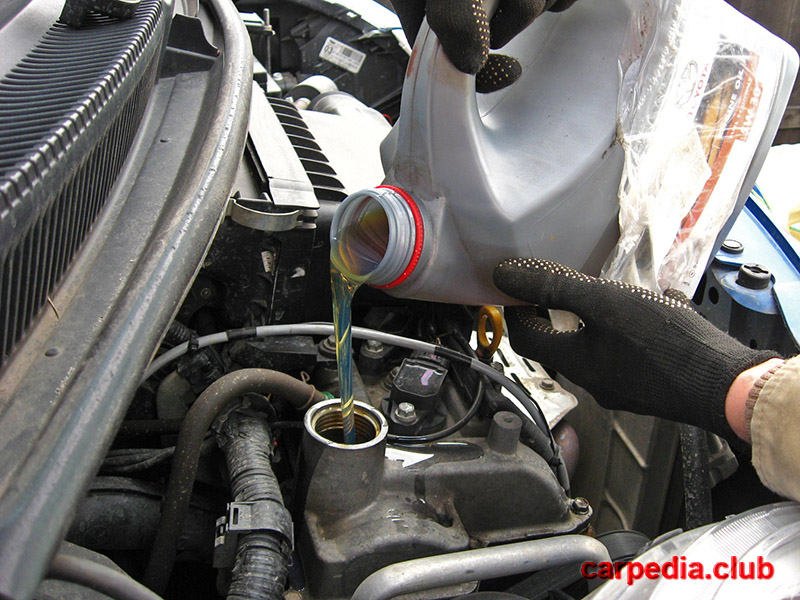 Заливка нового моторного масла в двигатель Toyota Yaris II