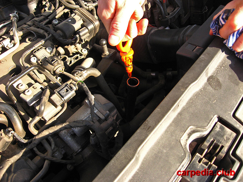 Вытянуть щуп двигателя на автомобиле Skoda Fabia MK2 5J 2007-2014