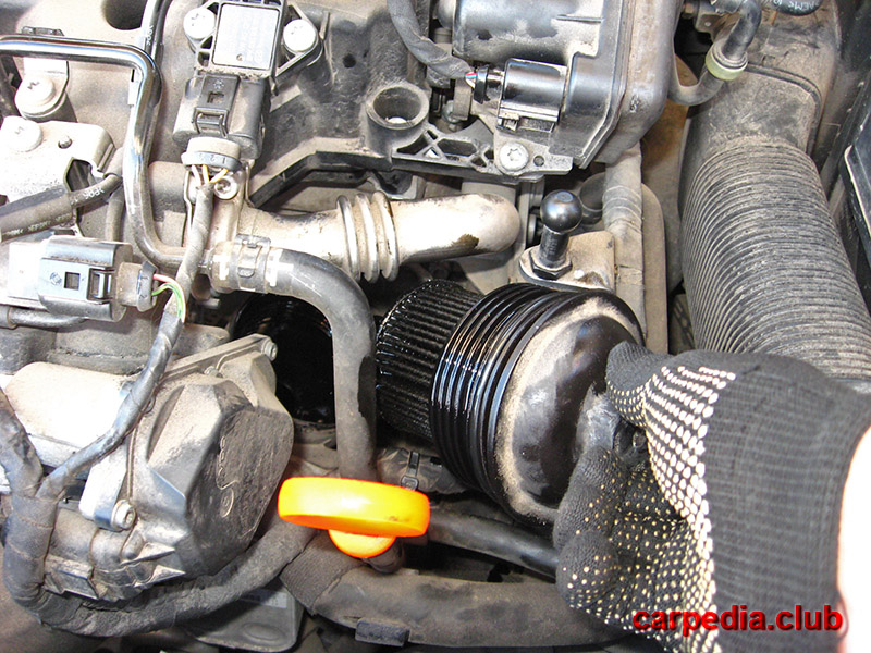 Извлечь крышку с масляным фильтром на автомобиле Skoda Fabia MK2 5J 2007-2014