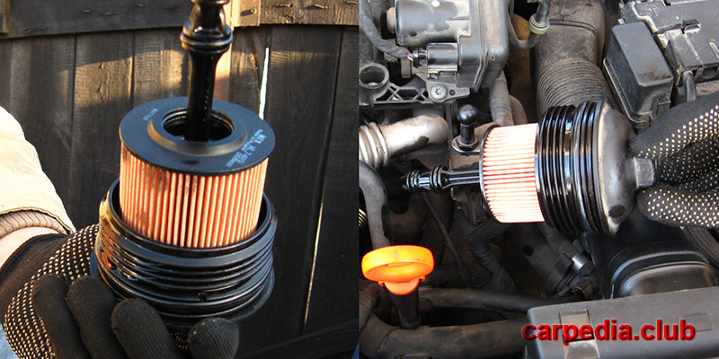 Установить масляный фильтр в корпус на автомобиле Skoda Fabia MK2 5J 2007-2014