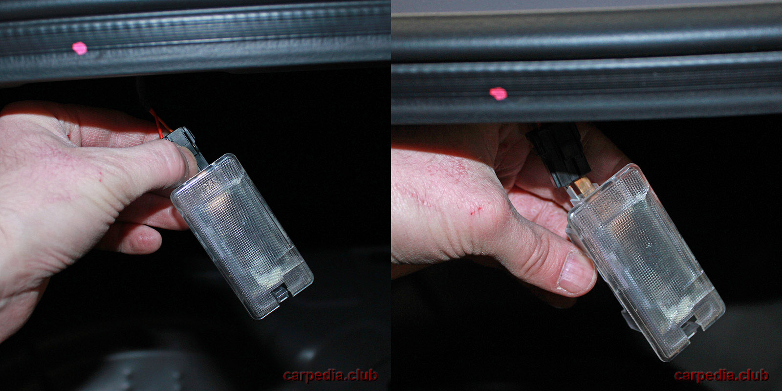 Отсоединить колодку проводов от плафона освещения багажника на автомобиле Hyundai Elantra J5 MD 2010-2016