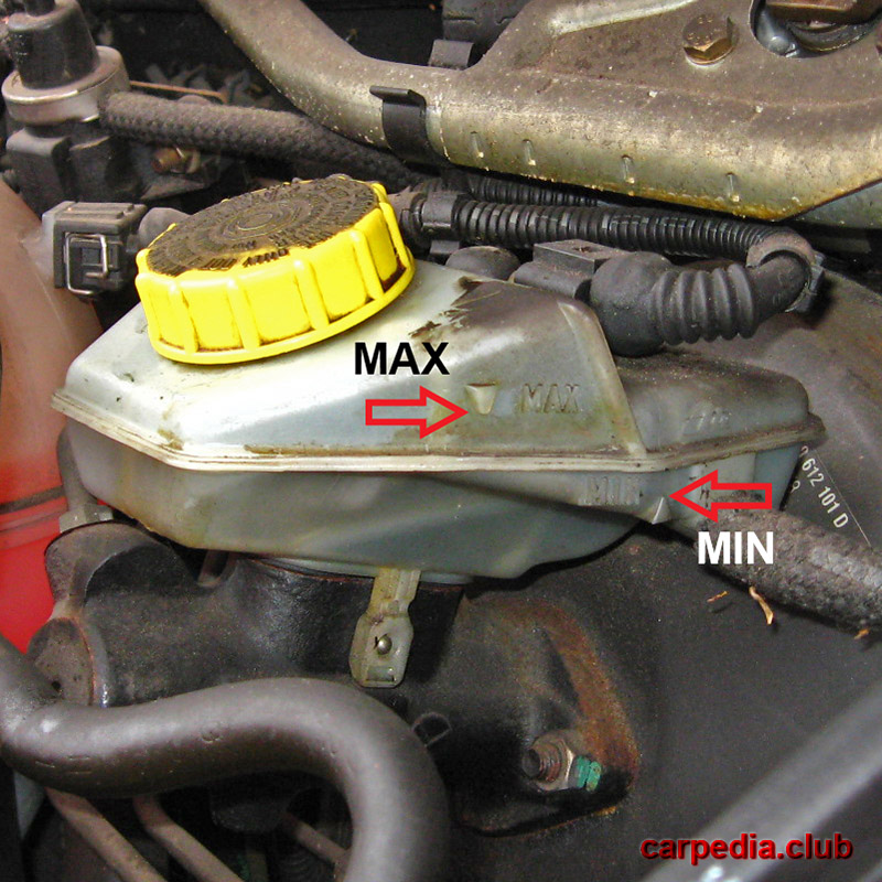 Метки уровня тормозной жидкости на бачке автомобиля Volkswagen Transporter T4