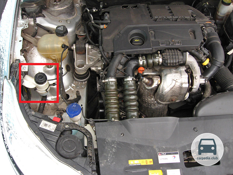 Расположение бачка гидроусилителя рулевого управления в подкапотном пространстве Citroen C5 II