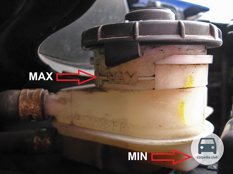 Метки максимального и минимального уровня тормозной жидкости в бачке Honda Jazz II