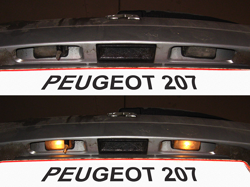 Включенный фонарь регистрационного знака на автомобиле Peugeot 207