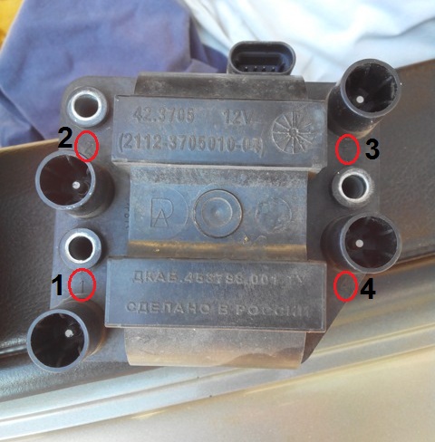 Нанесенный номера цилиндров на крышку модуля зажигания двигателя Daewoo Sens