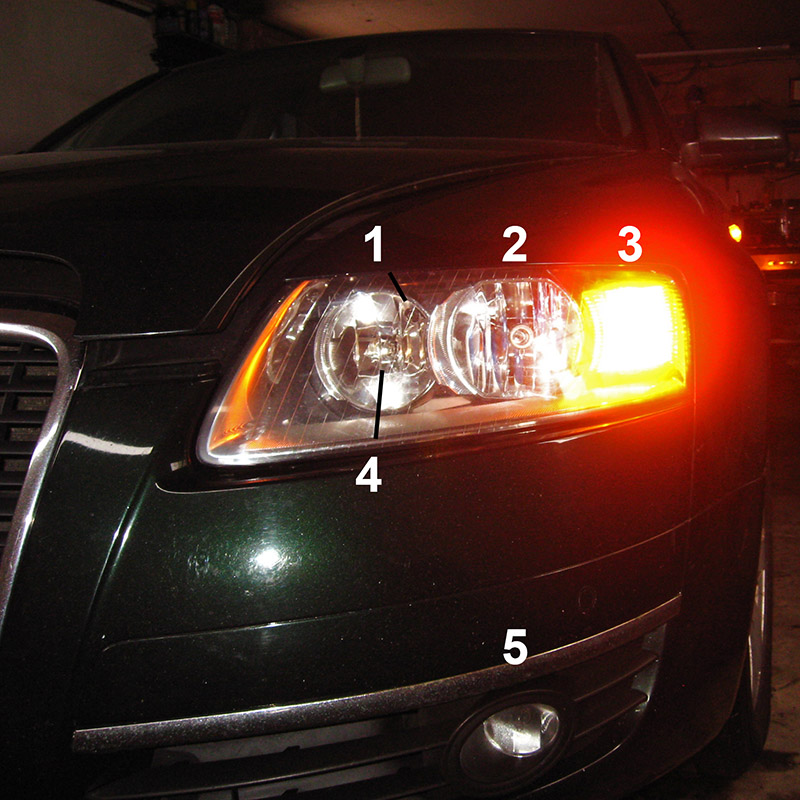 Лампы в передней фаре на Audi A6 4F/C6 2004-2011