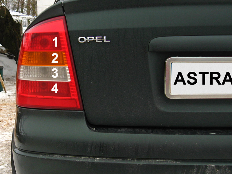 Лампы, применяемые в задних фонарях автомобиля Opel Astra II G