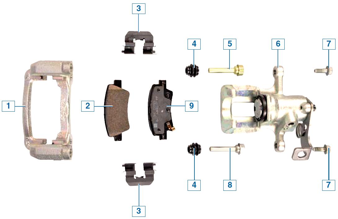 Элементы дискового тормозного механизма заднего колеса на автомобиле Hyundai Solaris