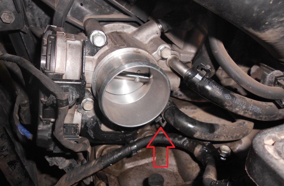 Снять шланг отвода охлаждающей жидкости от блока подогрева дроссельного узла на автомобиле Hyundai Solaris