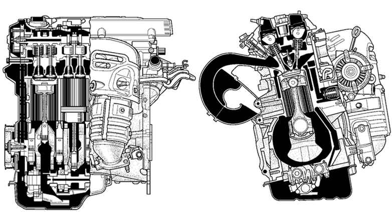 Поперечный и продольный разрезы двигателя модели 1AZ-FE Toyota Camry