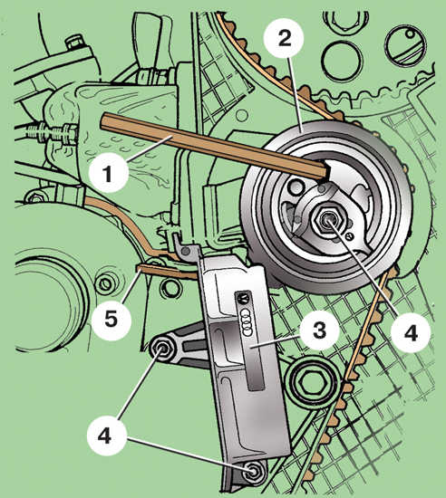 Схема вставки стопорной пластины возле натяжного устройства дизельного двигатея Skoda Fabia I