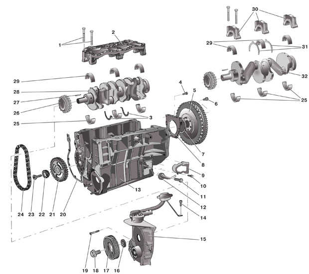 Схема блока цилинтров бензиновых двигателей 1,0 л (37 кВт) и 1,4 л (50 кВт) Skoda Fabia I