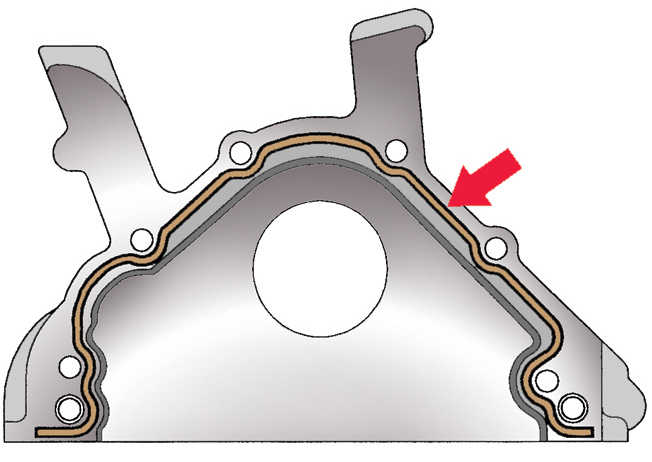 Схема нанесения силиконового герметика на переднюю крышку блока цилиндров дизельного двигателя Skoda Fabia I