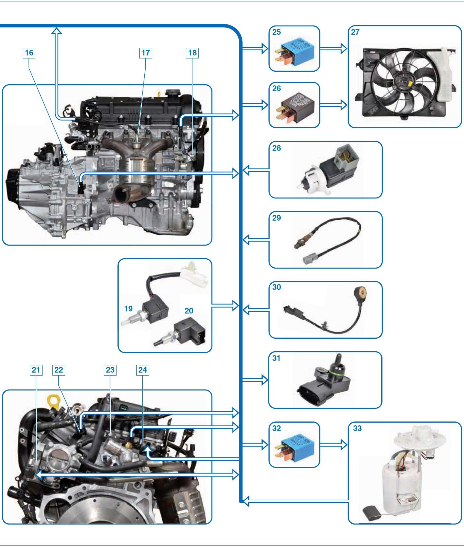 Схема электронной системы управления двигателем на автомобиле Hyundai Solaris