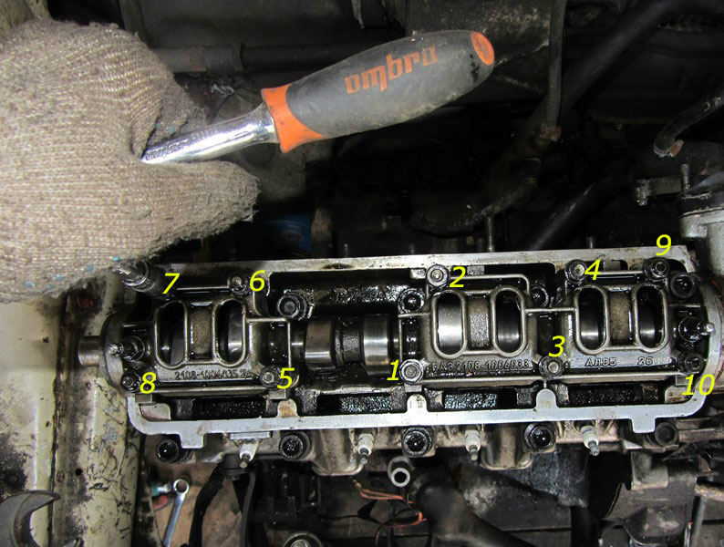 Последовательность затяжки гаек крепления корпусов подшипников распредвала 8-клапанного двигателя Лада Гранта (ВАЗ 2190)