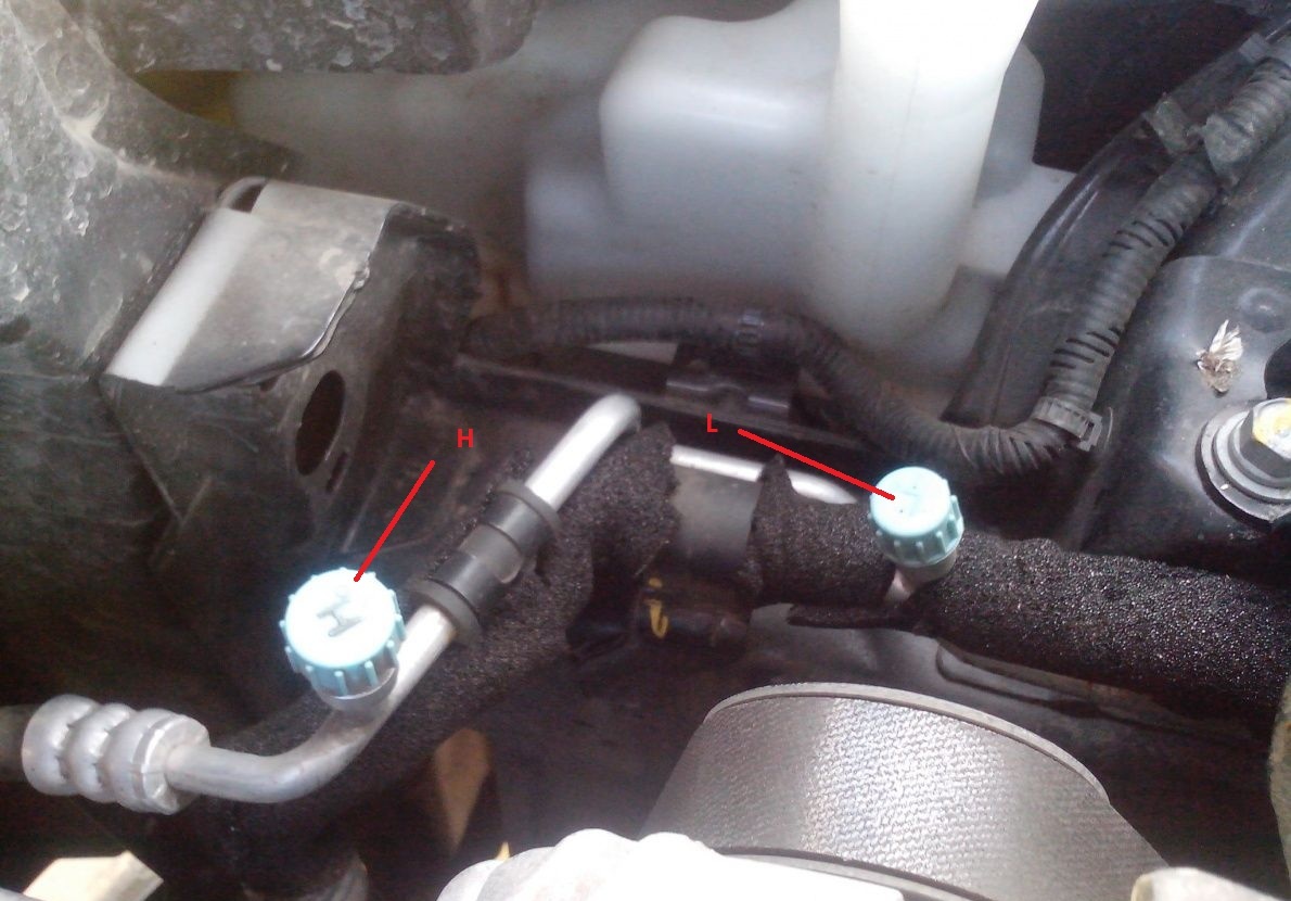 Сервисные клапаны кондиционера на автомобиле Hyundai Solaris