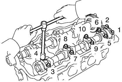 Порядок ослабления болтов крепления крышек подшипников впускных клапанов задней головки блока цилиндров двигателя Toyota Camry 